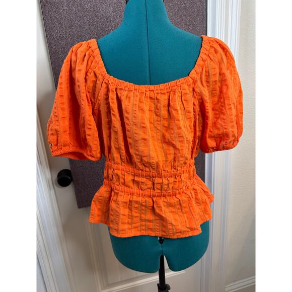 Tommy Hilfiger Puffy Short Sleeve Pullover Blouse Smocked Waist 100% Cotton M - Picture 7 of 9